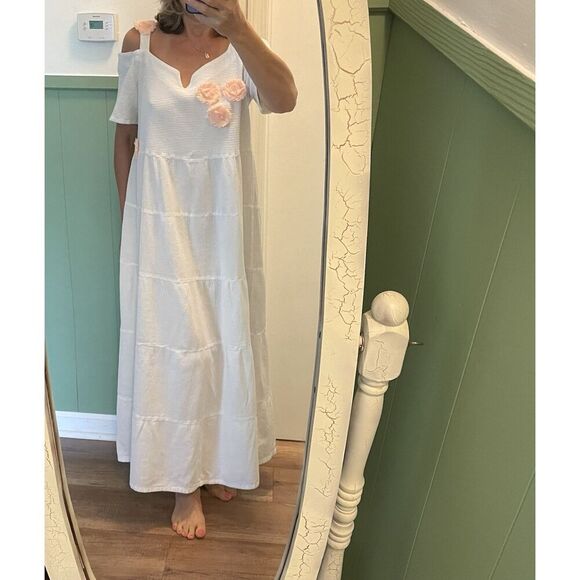 Dunes White Cold Shoulder Maxi Dress Peach Flower Appliqué Lined Size M - Picture 6 of 8